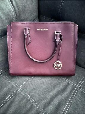Michael Kors Plum Saffiano Leather Satchel with Gold MK Charm